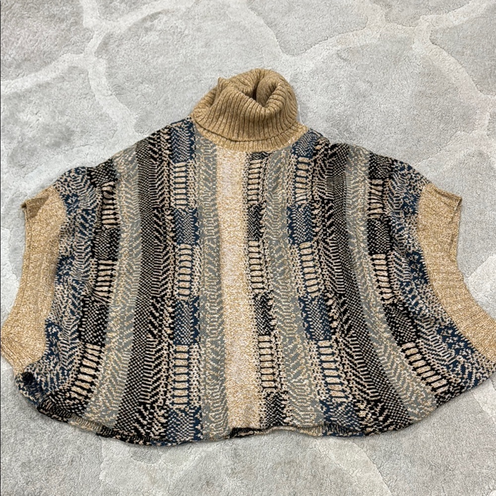 Hem & Thread Tan and Blue Cowl Neck Sweater with Textured Stripes